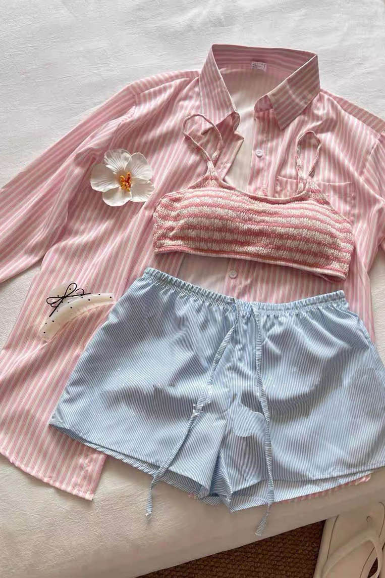 粉嫩少女系4件套泳装（附条纹长袖衫）