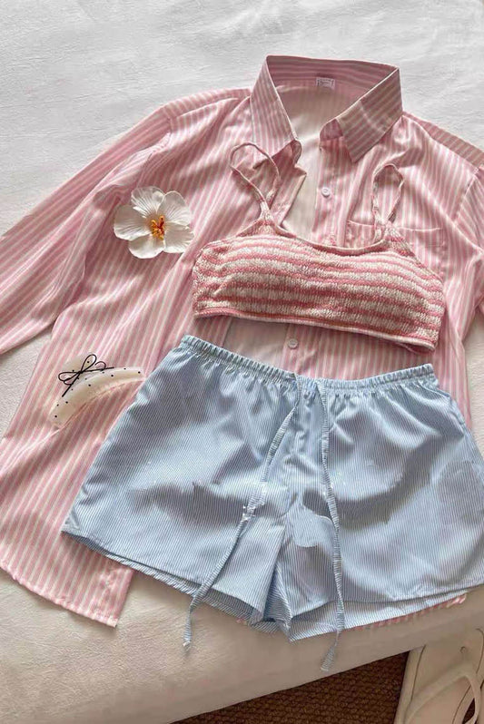 粉嫩少女系4件套泳装（附条纹长袖衫）