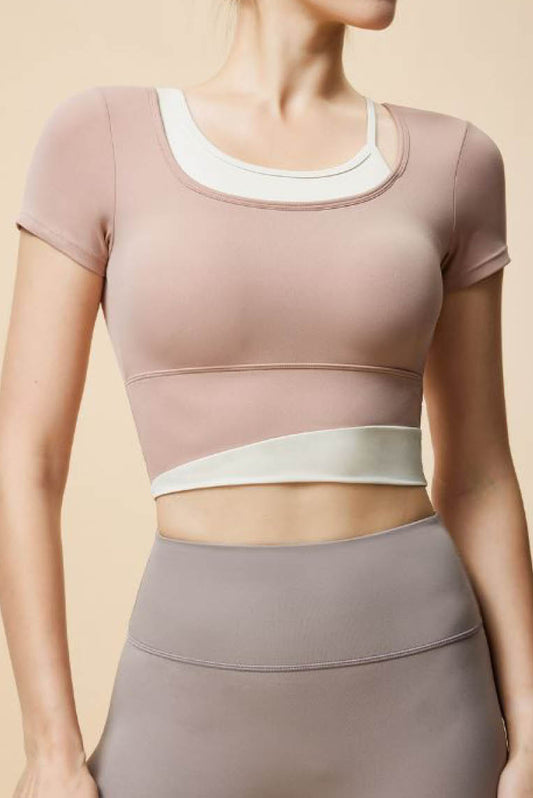 不规则撞色假两件短袖