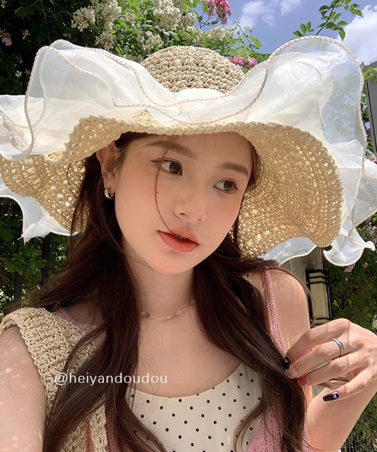 仙女欧根纱珍珠草帽