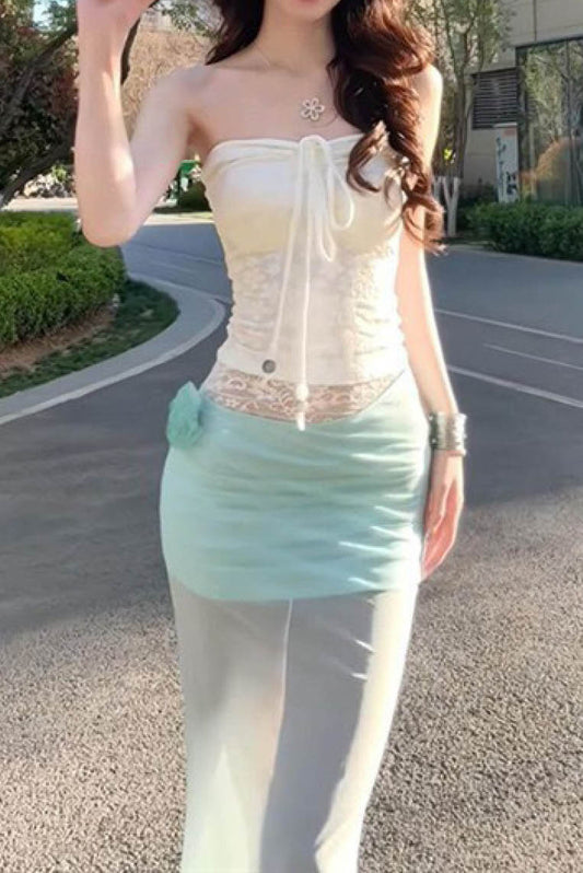 白色提花抹胸网纱半身裙装