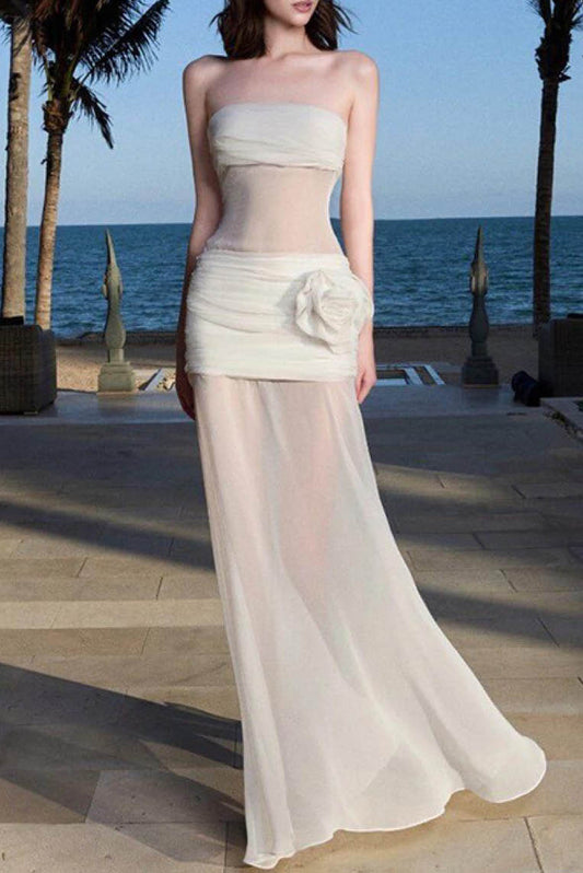 透视网纱抹胸气质长裙(无胸垫)