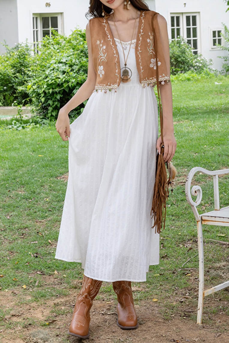 皮绒刺绣流苏马甲+吊带连衣裙