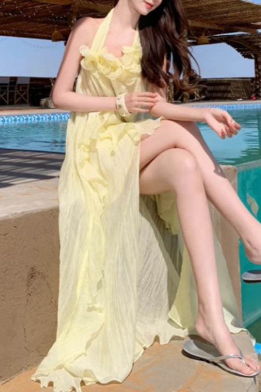 淡黄法式露背沙滩长裙