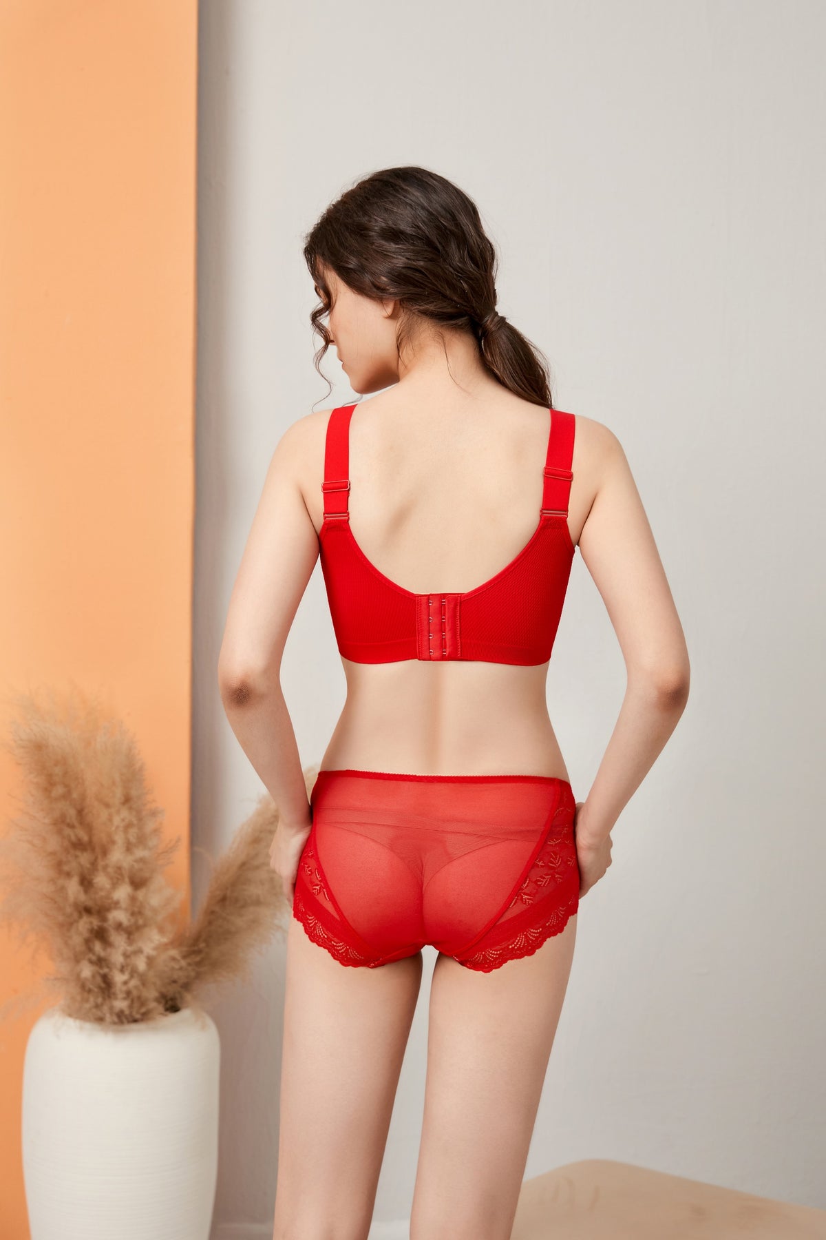 ALINA red bra on model, back view; bra only, panties not included