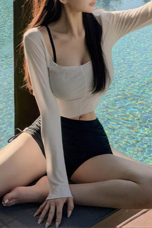 吊带背心修身长袖T泳装（3件套） (only available online)