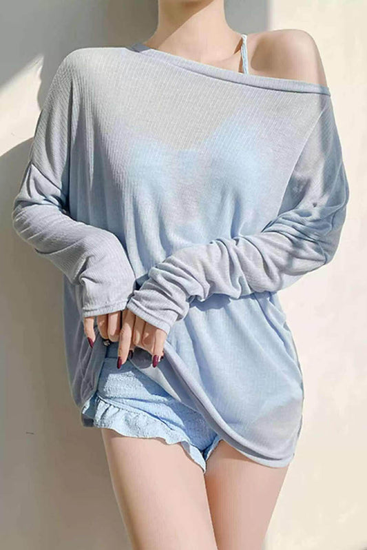 雾蓝少女感连体泳衣+长袖衫