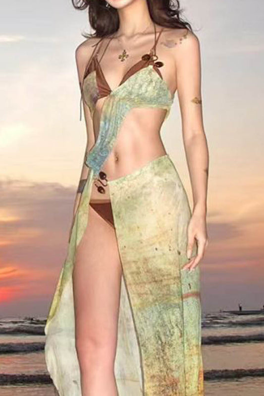 绝美深V复古三件套比基尼