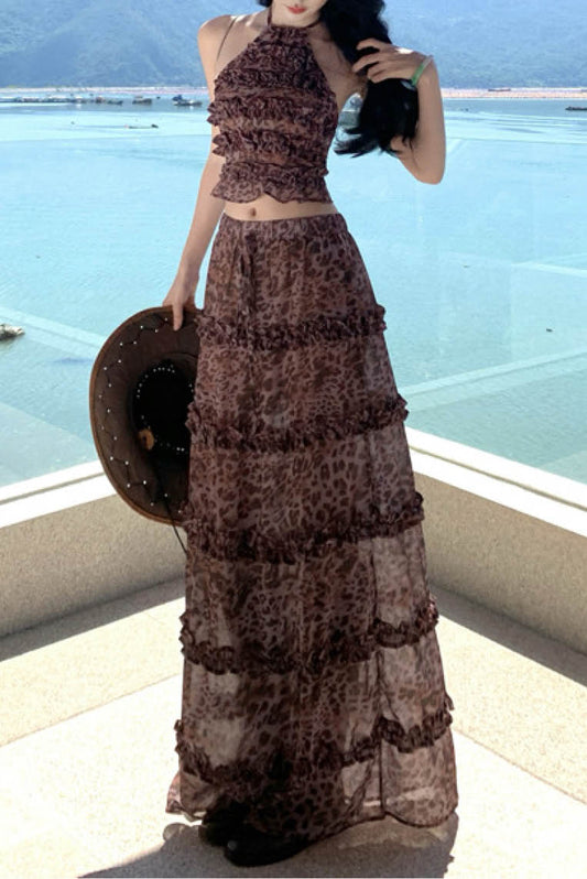 豹纹层次感露背沙滩套装(无胸垫)