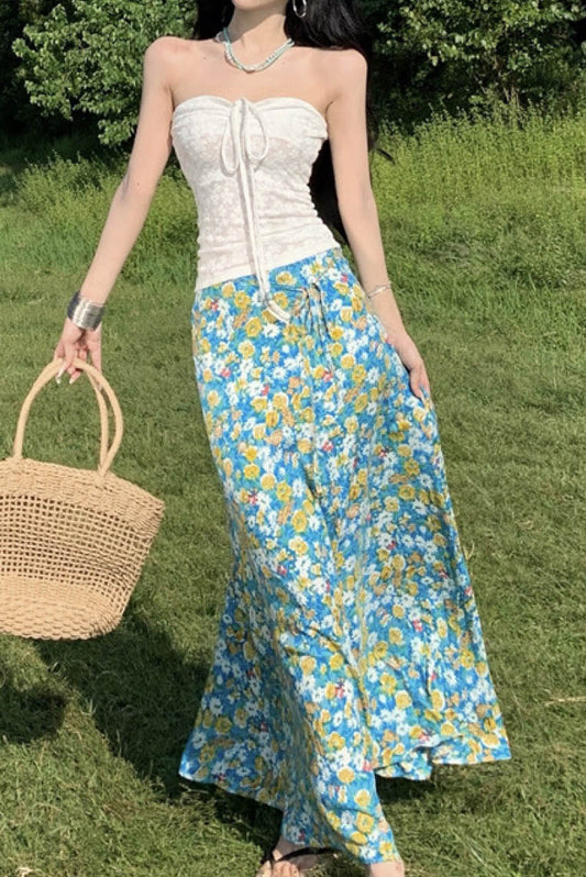抽绳抹胸top+蓝色碎花半身长裙 (两件套)