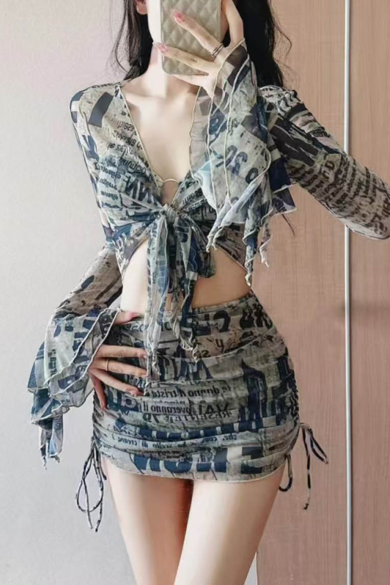 复古字母印花泳衣四件套