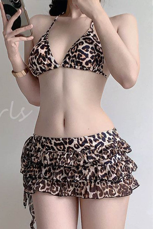火辣豹纹裙式比基尼泳衣
