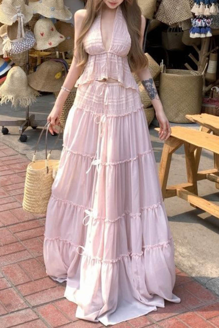 仙气露背挂脖三件套半身裙