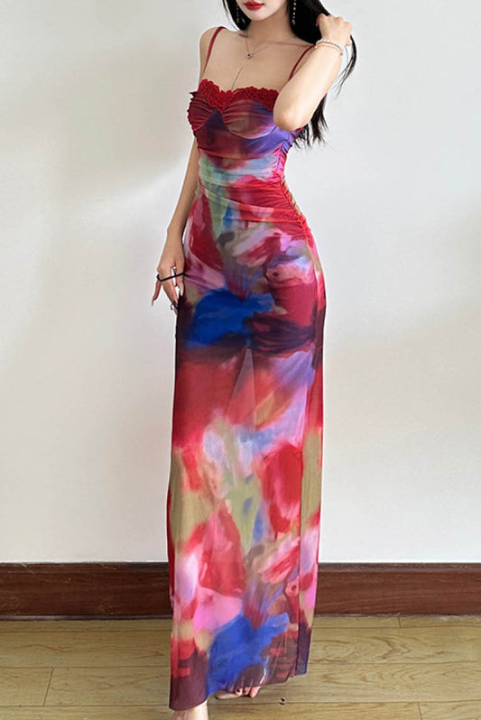 晕染lace吊带修身连衣裙 (无胸垫)