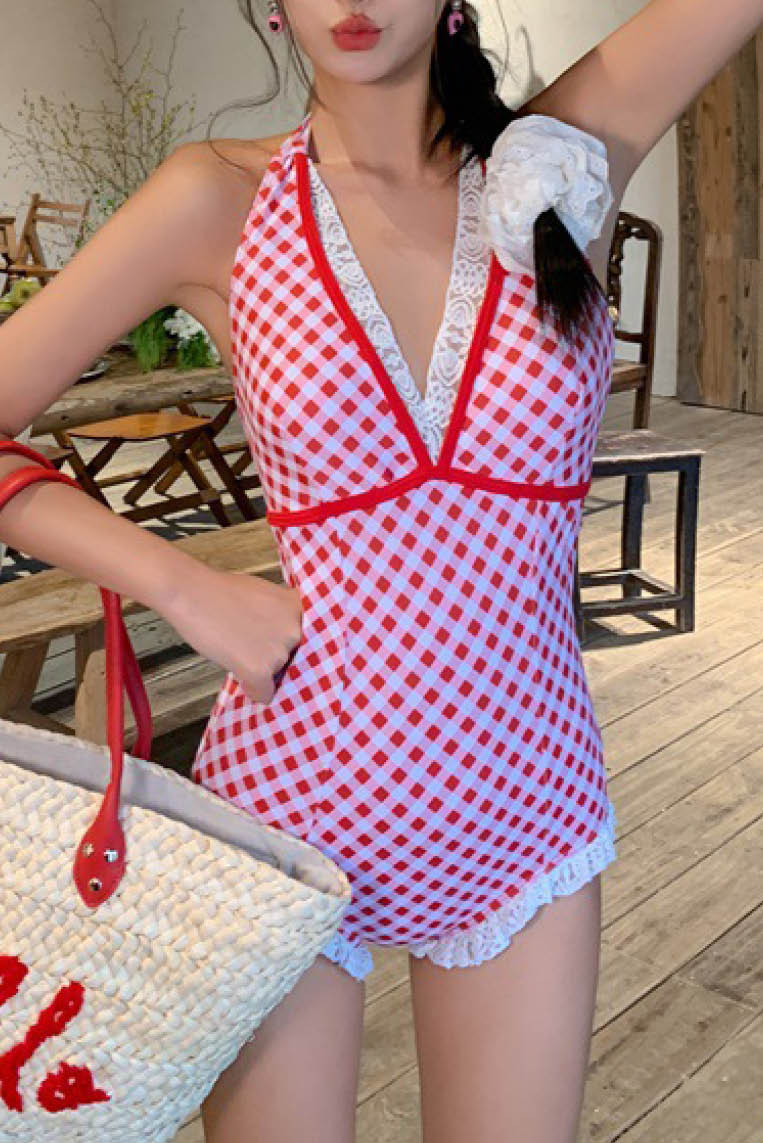 韩系蕾丝边格子连体泳衣 (only available online)