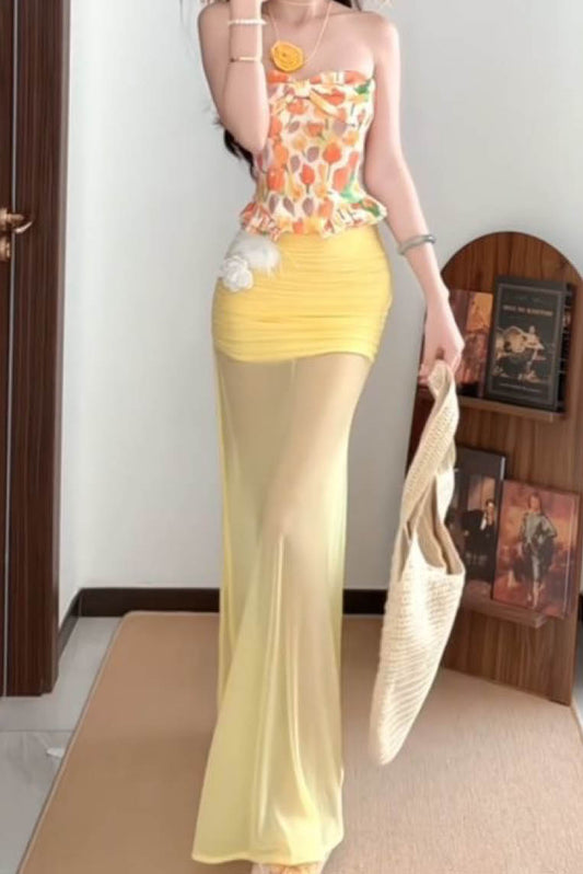 气质印花抹胸+网纱包臀半身裙泳装 (only available online)