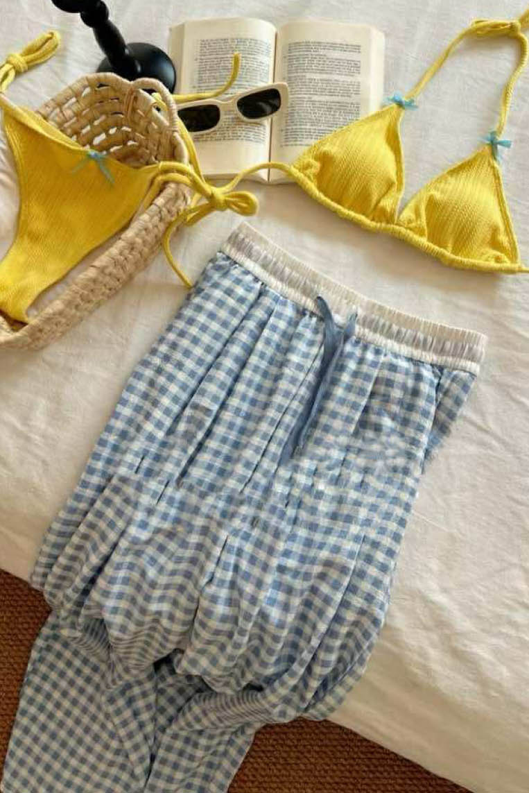 蓝格长裤+性感比基尼三件套