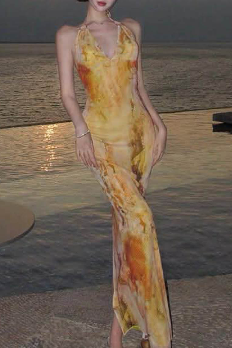 扎染印花露背包臀长裙 (无胸垫)