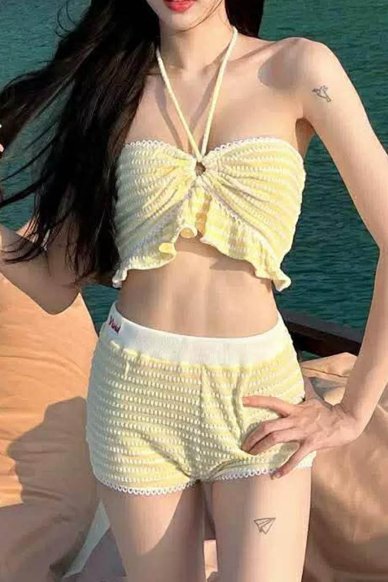 气质立体条纹短裤比基尼 (only available online)