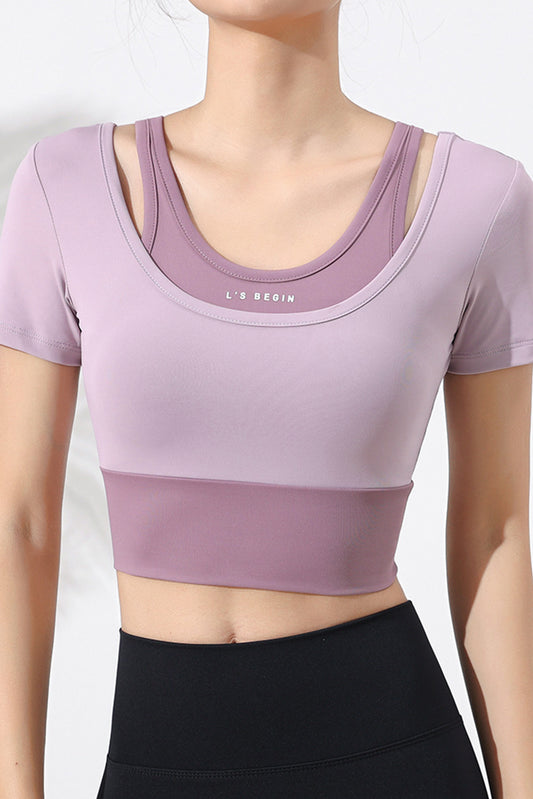 拼色带胸垫短袖瑜伽服